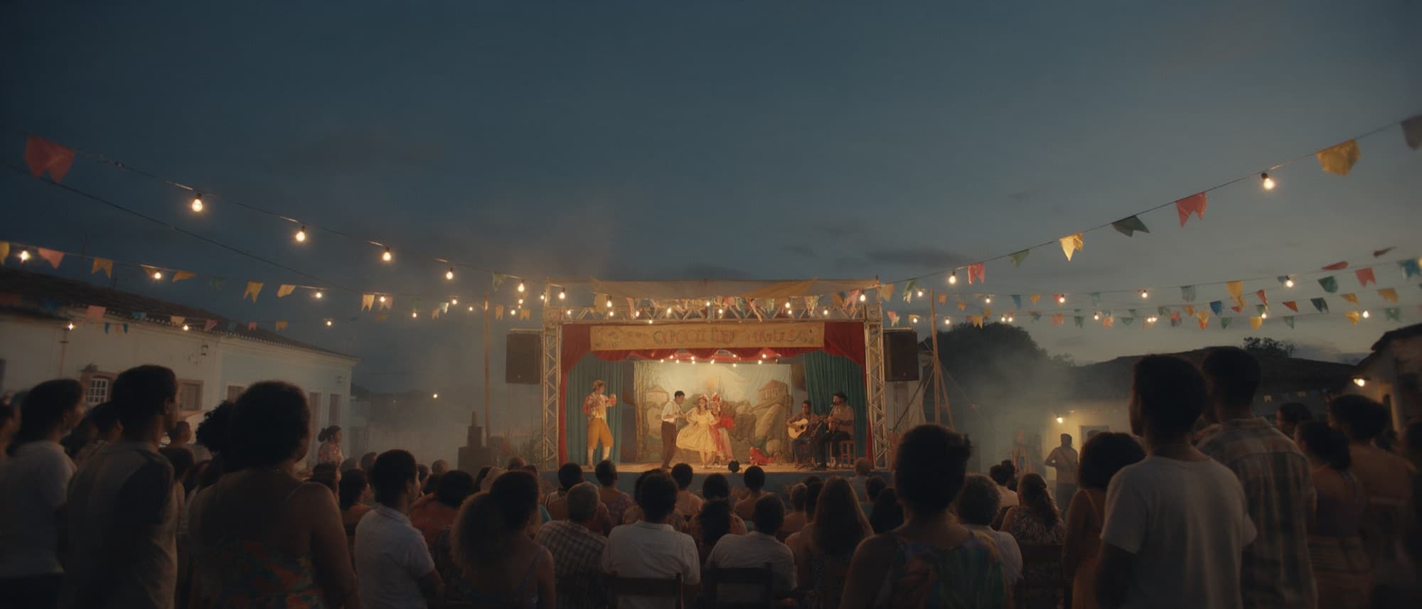 Plateia assistindo a uma apresentação de teatro popular numa praça ao entardecer