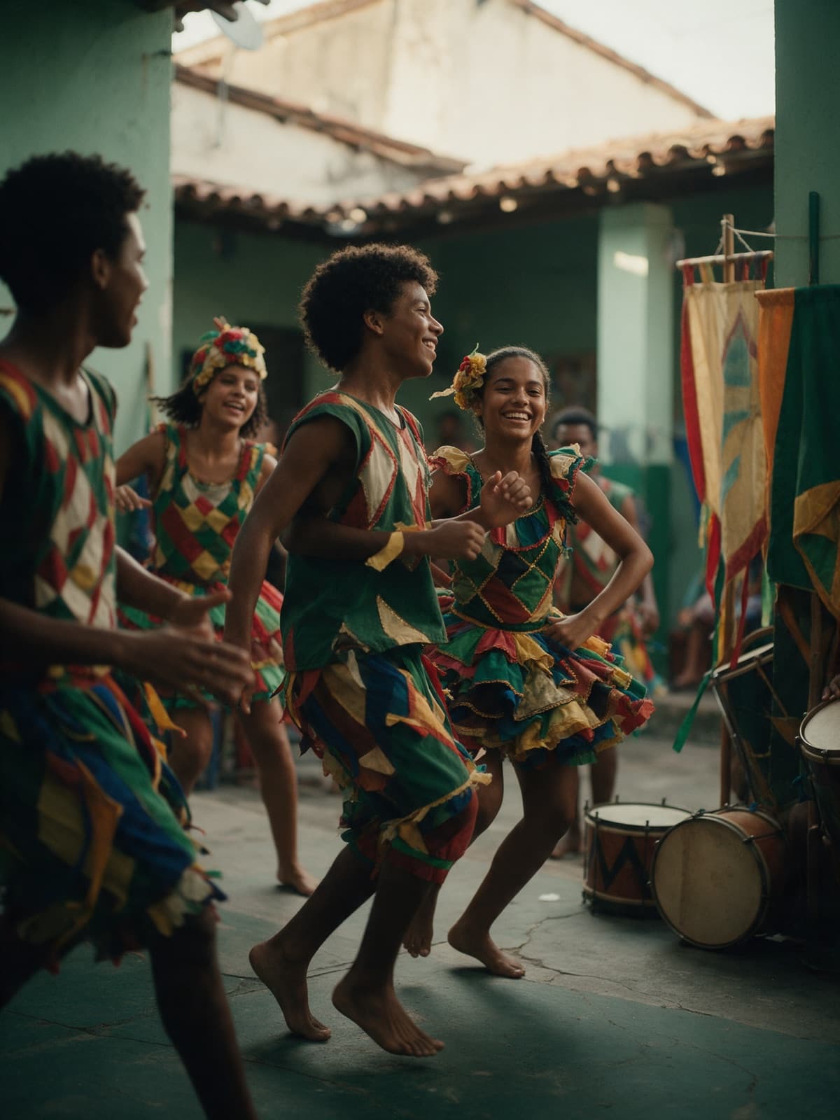 Grupo de teatro e dança popular ensaiando em um pátio, com figurinos coloridos e tambores